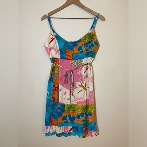 Jams World Hawaiian Tie Dress Large Soleil Patchwork Floral Sleeveless Mini